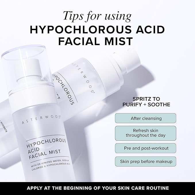 Asterwood Hypochlorous Acid Spray for Face - Targets Acne, Redness, Irritation - Multi-Purpose Skin Repair - Antibacterial, Antimicrobial - After Gym/Post-Workout Facial Mist - 4 Fl Oz
