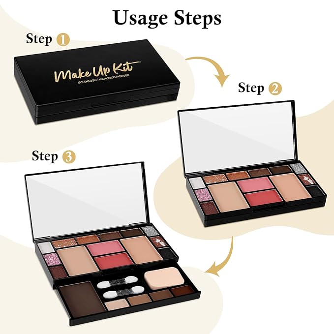 Makeup Palette Set, Makeup Kit for Women, 19 Color Makeup Set Include Matte Glitter Eyeshadow, Contour, Highlighter, Concealer, Eyebrow Powder, Blush, Mirror, Makeup Brush, Sponge