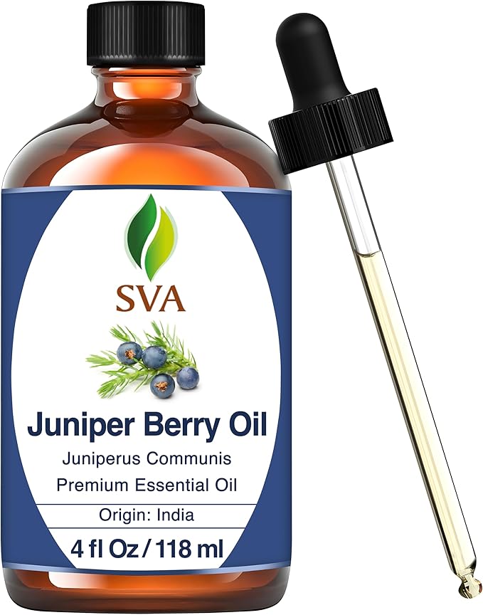 SVA Juniper Berry Essential Oil – 4 Fl Oz – 100% Natural Juniper Oil - for Diffuser, Hair Care, Face, Skin Care, Aromatherapy, Scalp and Body Massage, Soap and Candle Making – with Dropper