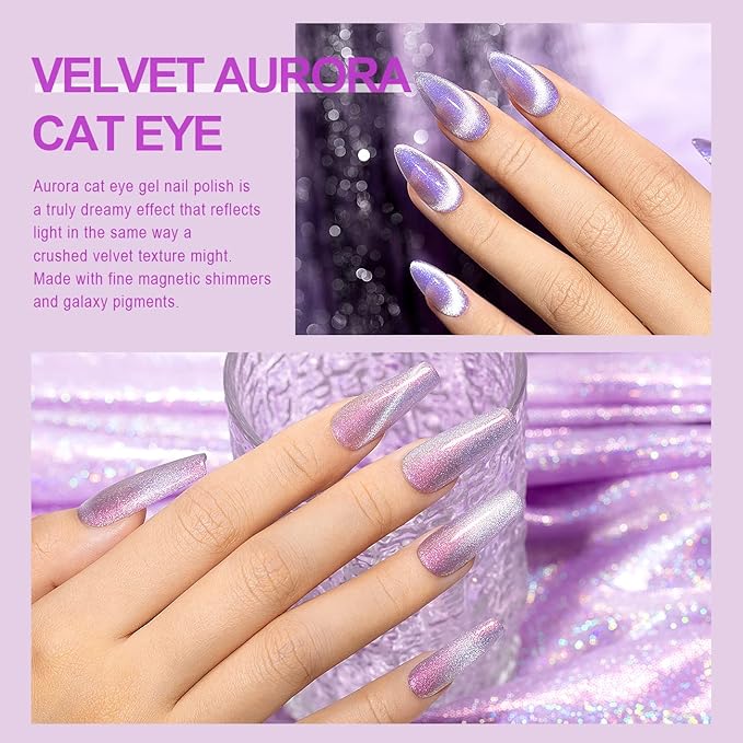 RARJSM Aurora Cat Eye Gel Nail Polish Set 6 Colors Velvet Silver Glitter Purple Pink Green Champagne Galaxy Star Cloud Ice Gel Polish with Magnet Stick UV LED Curing Requires Soak Off Home Salon