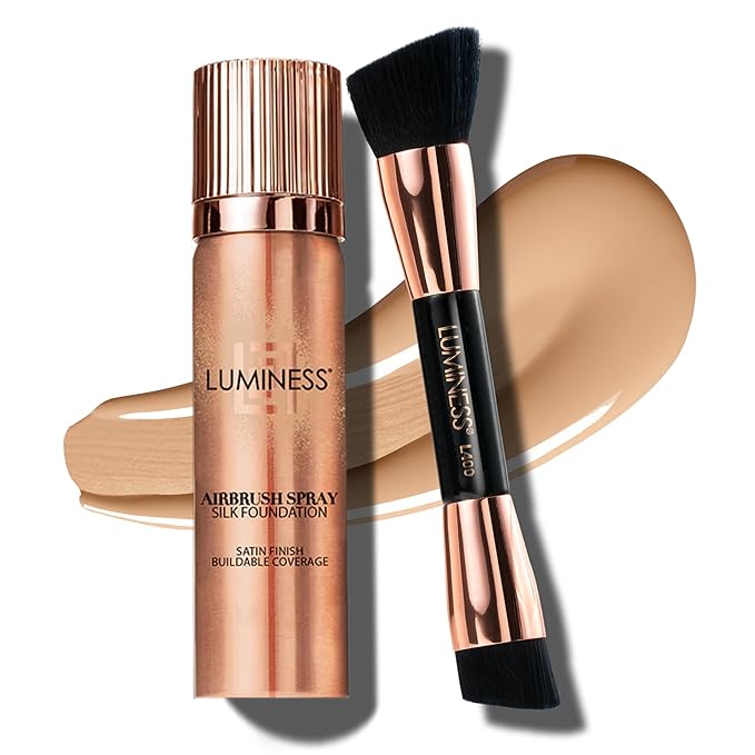 LUMINESS Silk Airbrush Spray Foundation 2-PC Kit - Foundation & Dual-Sided Angled Makeup Brush - Buildable Coverage, Anti-Aging Formula, Humidity Resistant, Hydrates & Moisturizes, Light Medium