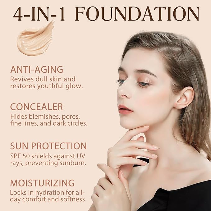 Foundation 4 in 1, SPF 50, Medium Coverage, Hydrating Color Changing Foundation Makeup Liquid, Long-lasting &Waterproof and Sweatproof, Neutral Finish, Suitable for All Skin Types