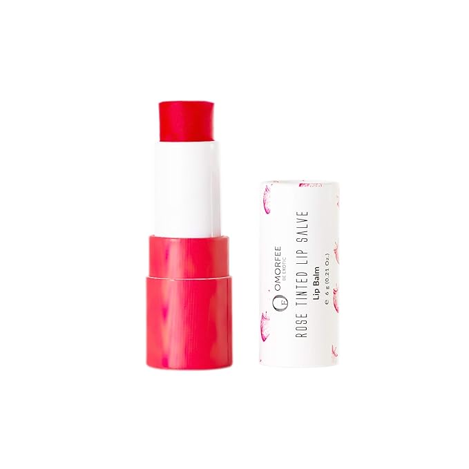 Omorfee 100% Organic Tinted Lip Balm Stick Treatment, Natural Lip Tint Gloss, Long Lasting Rose Lip Tint, Strawberry Flavor, Beetroot & Cocoa Butter, Pink Red Color, Moisturizing Lip Balm - 6g/0.21Oz