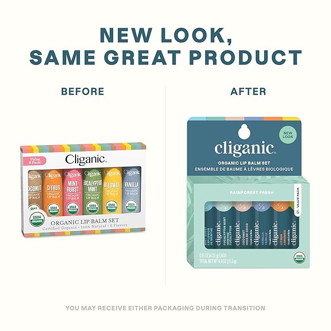 Cliganic Organic Lip Balm Set (2 Packs of 6 Tubes), 100% Natural Moisturizer for Cracked & Dry Lips