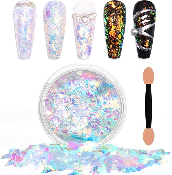 Laza Colorful Moonlight Chameleon Flakes Nail Glitter Irregular Opal Nail Foil Flakes Chunky Confetti Color-Shift Sequins Iridescent Fairy Dust for Mermaid Nails Design, Nail Decorations for Nail Art