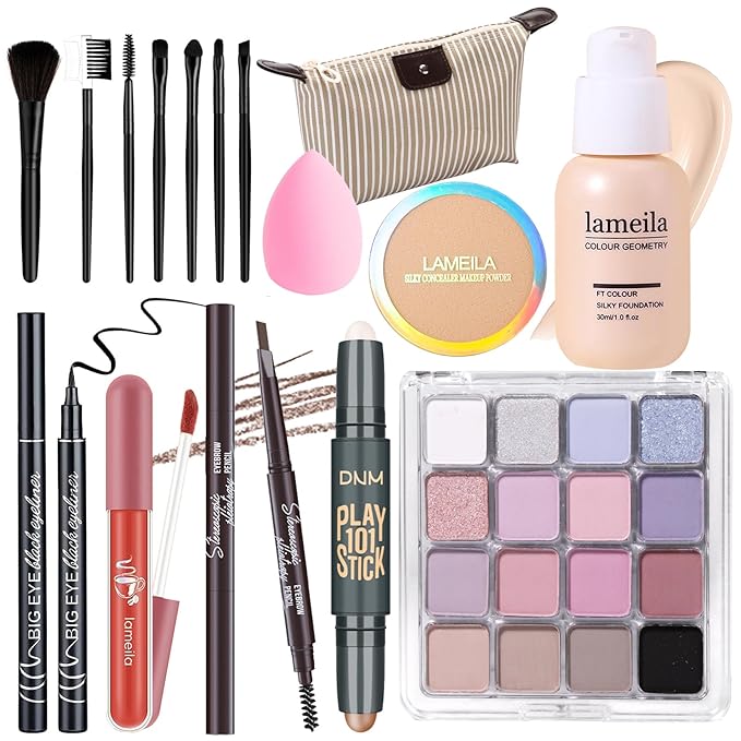 Makeup Set Full Kit for Girls Teens Women, Makeup Present Set, Includes Eyeshadow, Foundation, Blusher, Eyebrow Pencil, Mascara, Eyeliner, Brushes, Lip Gloss, Sponge, Cosmetic Bag