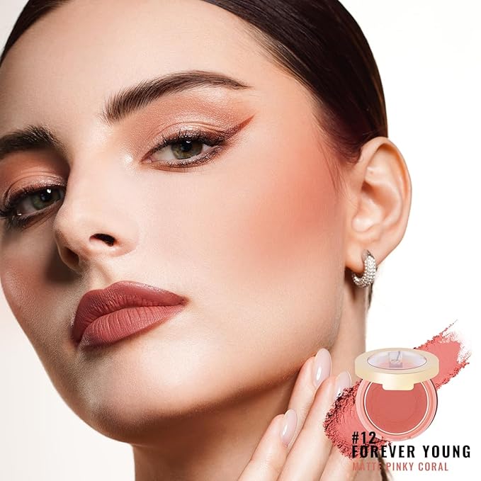Oulac Blush Face Coral Matte | Pigmented Powdery Cream Blusher Warm Skin Light Medium| Natural Matte | Light Weight&Blendable| Cruelty-Free Blush| 12 Forever Young 4.8g