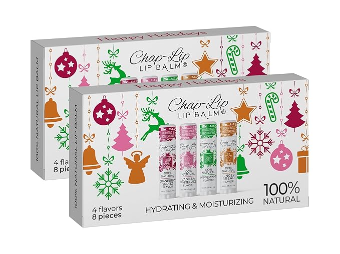 100% Natural Lip Balm Set - Beeswax Natural Christmas Gifts for Her - Lip Moisturizer for Dry Lips, Cocoa Butter - Petroleum Free, 8 Count, 2 Pack