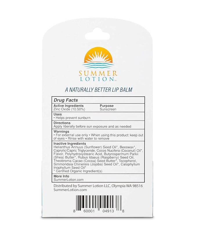 Natural Lip Balm with Zinc Oxide Sunblock by Summer Lotion, SPF 15 Lip Sunscreen 2-Pack, Water Resistant Chapstick, SPF Lip Protection for Everyone, (Coconut)