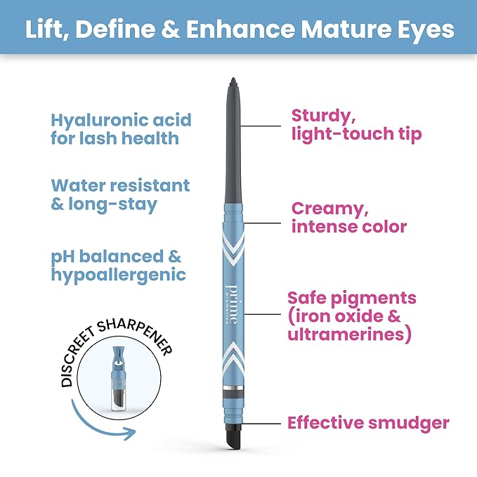 PrimeEyes Glide Eyeliner for Mature Women – Water-Resistant, Long-Stay and Mess-Proof – Gel Cream Texture, Discreet Sharpener and Effective Smudger (Black)