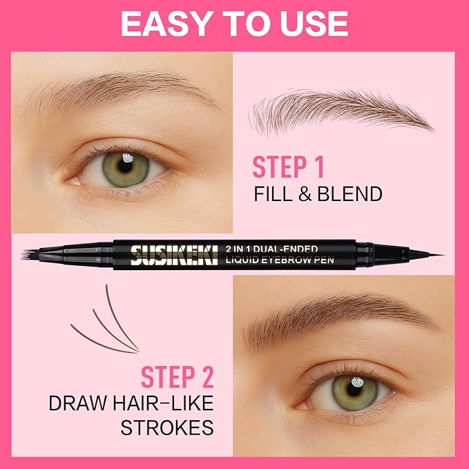 Dual Ended Microblading Eyebrow Pen - 2 in 1 Liquid Eyebrow Pencil with Brow-Fection Angled Brush & Precise Detail Brush-Tip, Shapes & Fills Hair-Like Looking Brows, Lasts All-Day, Brown