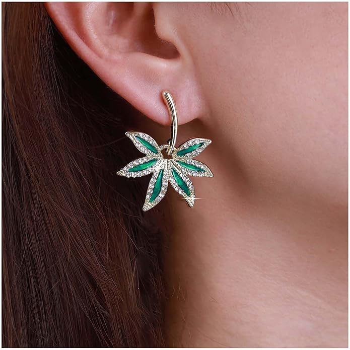 Vintage Emerald Pot Leaf Earrings Green Leaf Drop Earrings Green Marijuana Leaf Earrings Gold Cz Leaf Dangle Earrings Jewelry for Women