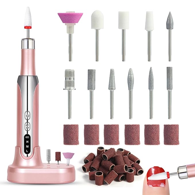 Electric Nail Drill File Cordless,Portable Rechargeable Nail File Kit for Acrylic & Gel Nails,Professional Efile for Manicure Pedicure Polishing,with 12 Nail Drill Bits 31 Sanding Bands,Rose Gold