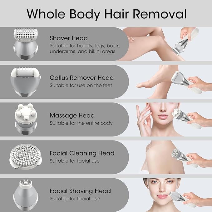 Epilator for Women, 7 in 1 Epilator Hair Removal for Women, Shaver, Bikini, Face Razor, Facial Brush, Face Massage and Body Exfoliator, IPX6 Waterproof Painless Lady Shaver Wet & Dry (White)