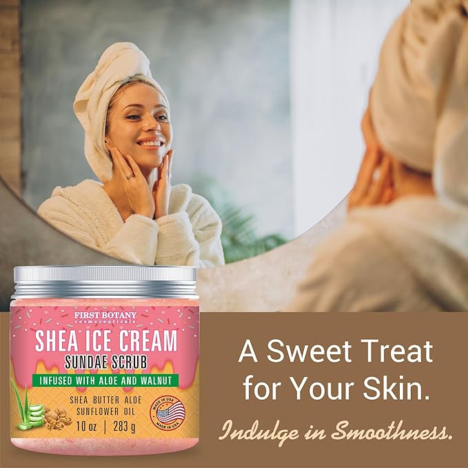 First Botany Body Scrub - Natural Exfoliating Salt Scrub & Body and Face Souffle helps with Moisturizing Skin, Acne, Cellulite, Dead Skin Scars, Wrinkles (10 fl oz, Shea Icecream)
