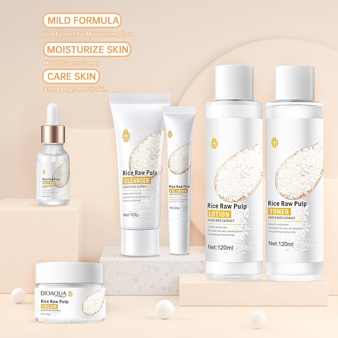 Rice Deep Nourishing Facial Care Set, 6Pcs Face Care Set for Women, Skin Care Set Includes Facial Cleanser, Toner, Lotion, Essence, Cream and Eye Cream.
