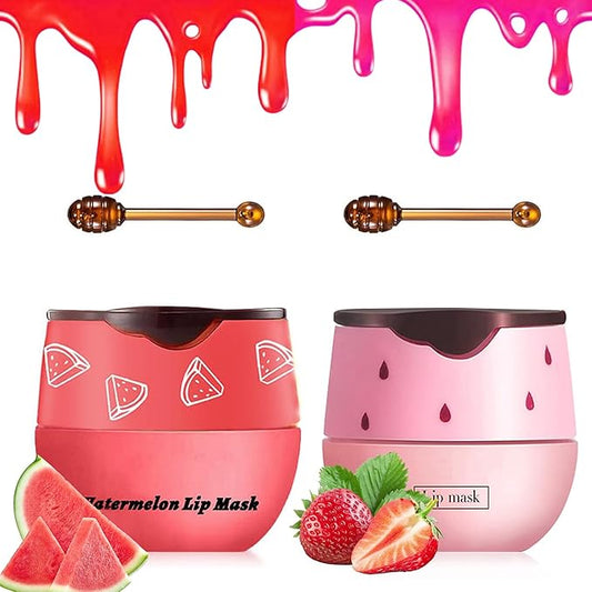2 PCS Bee Lip Balm Honey Pot, Strawberry & Watermelon Lip Sleeping Masks Overnight, Hydrating Prevention Dry and Cracked Lip Scrubs Exfoliator Lip Care, Reduces Lip Lines