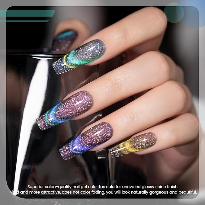 RARJSM 9D Chameleon Glass Cat Eye Gel Nail Polish Set 6Pcs Pink Purple Blue Green Yellow Multi Color Cateye Galaxy Shimmer Gradient Effect with Magnetic Stick UV LED Curing Require Home Salon