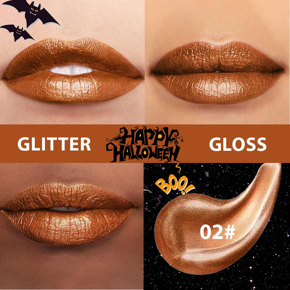 Golden Brown Metallic Lipstick for Women,Glitter Sparkling Liquid Lipstick,Long Lasting Waterproof Lightweight Comfortable Non-Drying Bold Dark Lip Gloss for Gothic Stage Makeup,Vegan