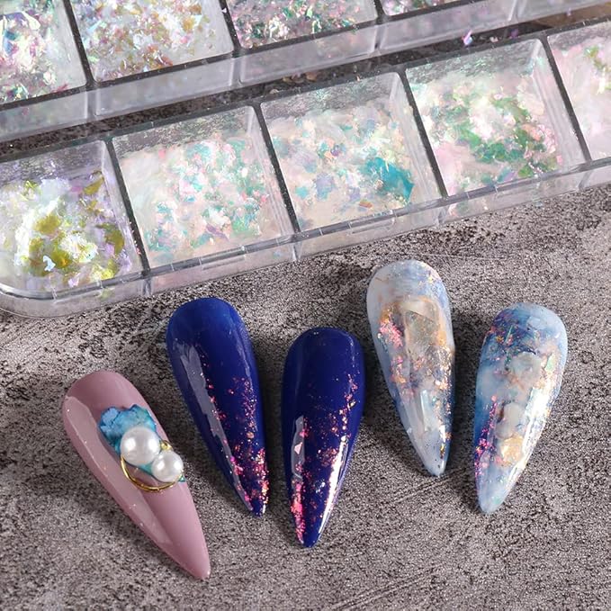 Holographic Iridescent Nail Art Nail Glitter KALEFUL Powder Aurora Foil Sequins Flakes Paillettes Designs Manicure Nail Decorations - 12 Grids