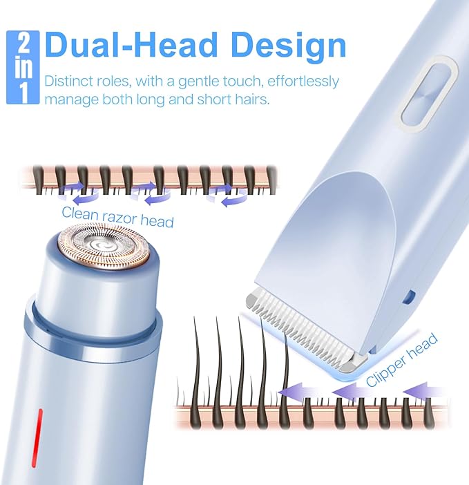Electric Bikini Trimmer for Women, 2-in-1 Waterproof Painless Hair Removal, Face Body Private Area Shaver, Blue