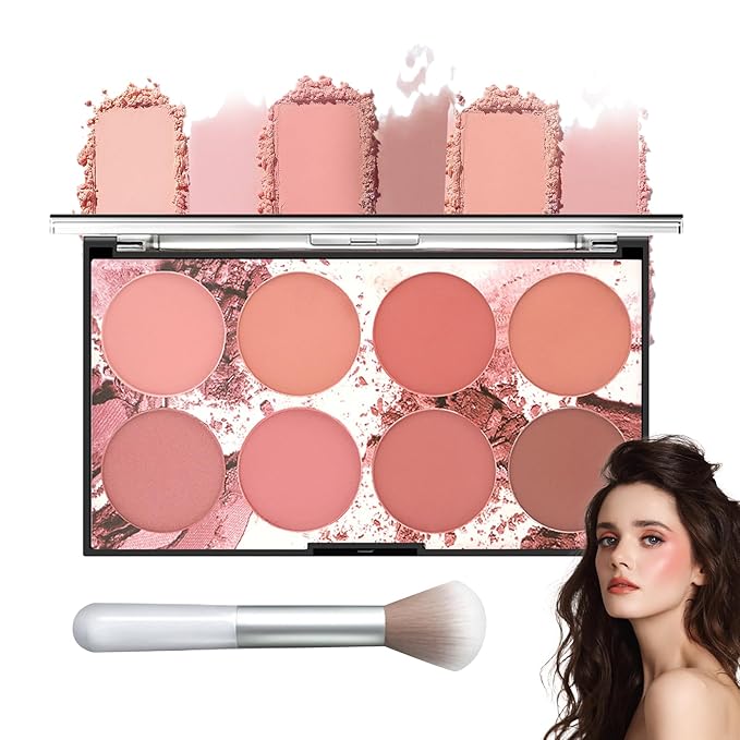 8 Colors Blush Palette,Shimmer Silky Matte Blush Powder Palette,Professional Cute Face Contour Highlighter Blush Palette with Blush Makeup Brush