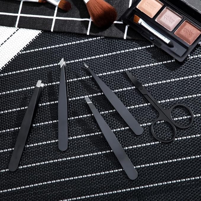 Tweezers Set 5-Piece - Professional Stainless Steel Tweezers with Curved Scissors, Best Precision Tweezer for Eyebrows, Splinter & Ingrown Hair Removal with Leather Travel Case (Black)