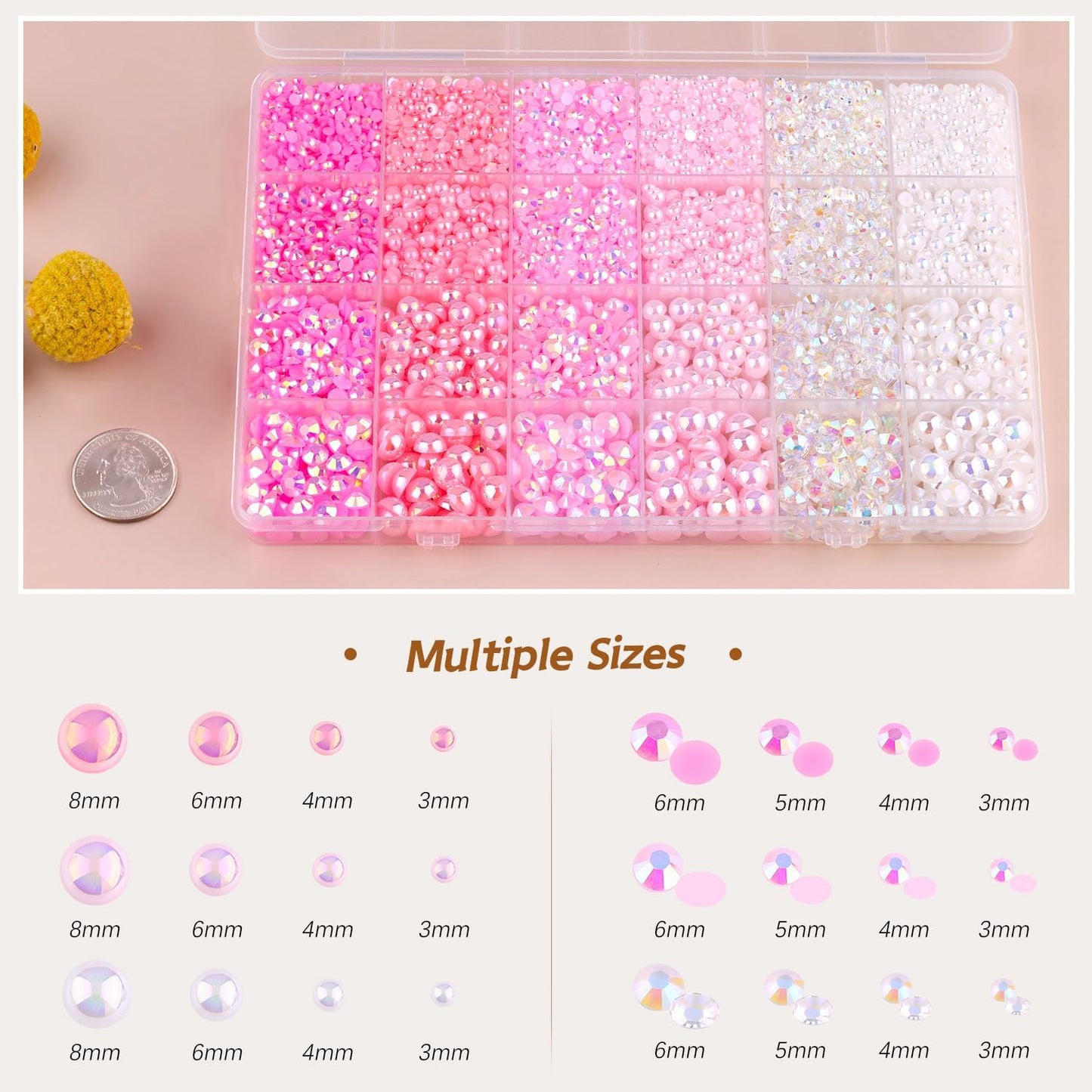 9000PCS Flatback Pearls and Rhinestones for Bedazzling, Pink White Mixed Size 3-8mm Resin Rhinestones and Half Pearls for Crafting, Nail Art and Grad Cap Decoration with Tweezers and Pickup Pencil