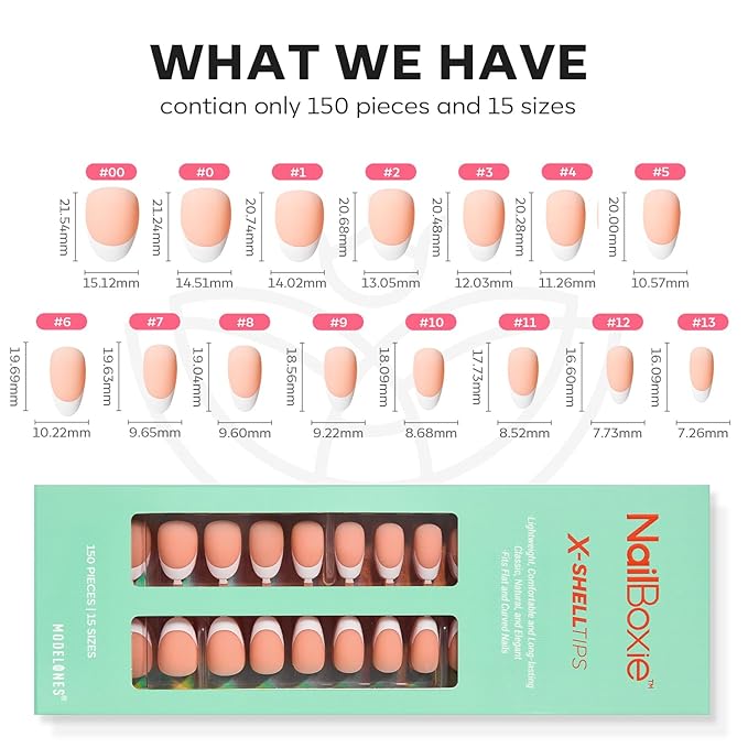 modelones Press on Nails, 150 Pcs French Tip Press on Nails, NailBoxie Brown Short Almond Nail Tips, Soft Gel Nail Tips, Ideal for Wedding, Party, Daily DIY Nail, 15 Sizes (S)