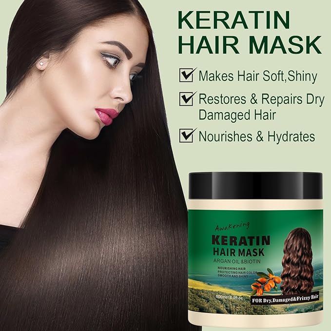 Hair Mask Deep Treatment Conditioner Collagen Protein Argan Oil Biotin Repair For Dry Damaged Frizzy Curly All Hair Types(16.9 Fl Oz/500ml) (keratin)