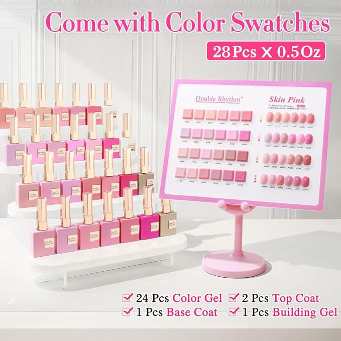 Double Rhythm 28Pcs 0.5Oz Gel Nail Polish Set Same Color Same Bottle Soak Off Gel Polish Kit Nail Art Manicure Salon DIY at Home for Women (Neutral Skin Pink Nude Collection-T24-12)
