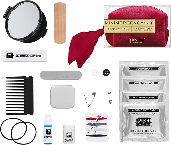 Pinch Provisions Velvet Minimergency Kit, for Her, Includes 17 Must-Have Emergency Essential Items, Compact, Multi-Functional Pouch, Gift for Parties and Birthdays