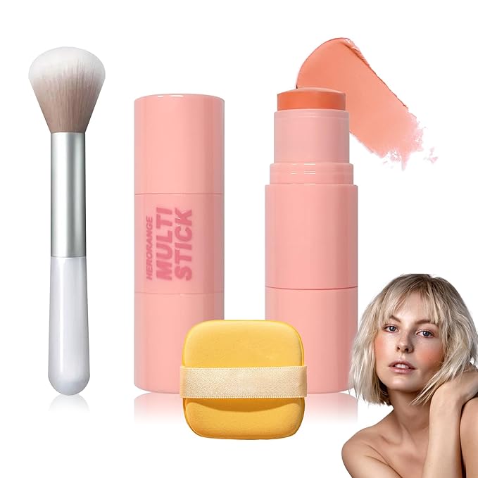 Cream Blush Stick with Brush and Makeup Sponge,Waterproof Multi Cream Makeup Stick,Lightweight,Long-lasting,2 in 1 Multi Blush for Cheeks & Lip Tint & Eyeshadow P