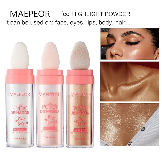 MAEPEOR Highlighter Powder Stick 6 Colors Shimmer Not-sticky Brighten Highlighter Powder Stick Natural Sparkle Glitter Highlighter Makeup Cosmetic for Lip Face Body Makeup (03 Golden Brown)