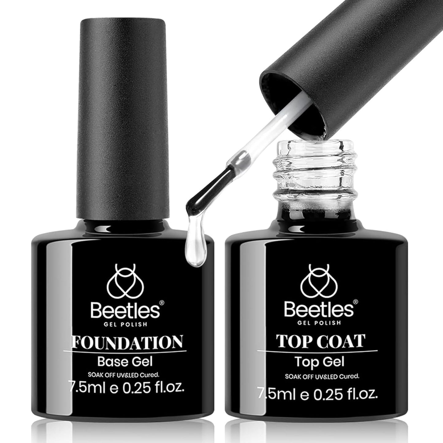 Beetles 2Pcs No Wipe Gel Top Coat and Base Coat Set, High Gloss Clear Long Lasting Base and Top Coat, Soak Off Nail Art DIY at Home