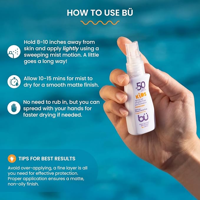 BU SPF 50 Fragrance Free Kids Sunscreen Spray for Face and Body, TSA Travel Size Sunscreen, Clear Non Aeorsol Spray, Non Greasy, Water Resistant and Oil Free, 1 oz (4-pack)