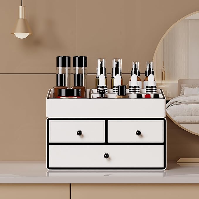 GORESE Leather Makeup Organizer with Drawers for Vanity, Stackable Skincare Holder Dresser Organizer Countertop, Make Up Storage Organizers Counter Cosmetic Display Case Gifts for Women(Cream White)