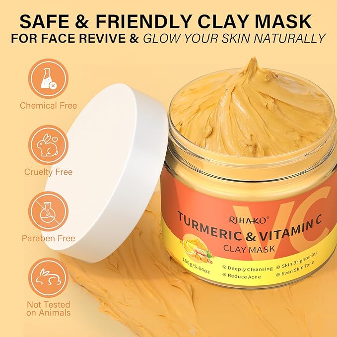 Turmeric Vitamin C Clay Mask -Turmeric Facial Mask - Brightening Clay Face Mask Skincare, Deep Cleansing Face Mask, Acne Face Mask for for Dark Spots, Dull Skin, Refining Pores and Controlling Oil