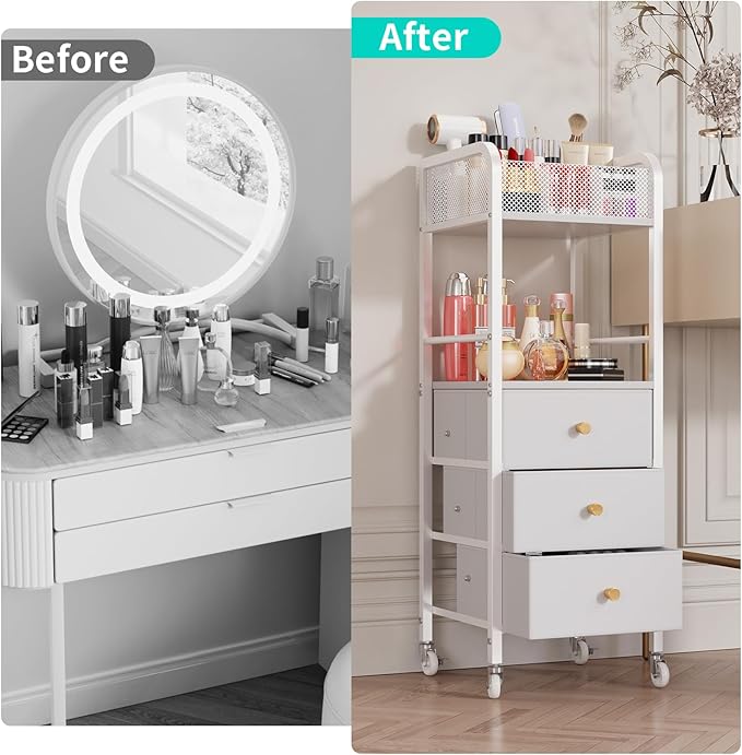 HapiRm Rolling Makeup Cart Organizer - Floor Skincare Make Up Storage with 3 Drawers, Vanity Organizer Cosmetic Display Cases Holder for Skin Care Perfume Nail Polish Brush Hair Tool, White