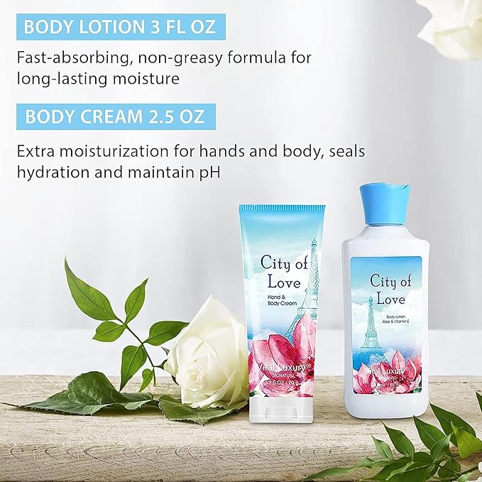 Bath & Body Kit - Body Lotion, Shower Gel, Body Cream, and Fragrance Mist, 3 Fl Oz each, in City of Love, Ideal Skincare Gift Home Spa Set for luxurious indulgence