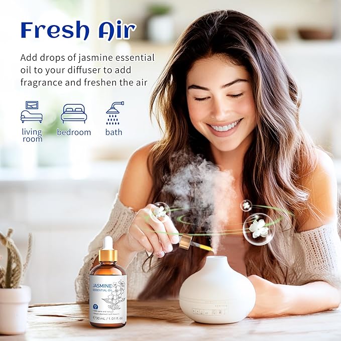 HIQILI 1 Fl Oz Jasmine Essential Oil, 100% Pure Natural for Diffuser, Hair, Skin, Perfume Making - 30ml