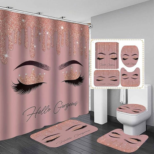 4PCS Hello Gorgeous Shower Curtain Set, Rose Gold Glitter Drip Bling Glam Diamond Crown Princess Unicorn Eyelash Girls Pink Bathroom Decor, Waterproof Fabric Shower Curtain Bath Mat Toilet Rug