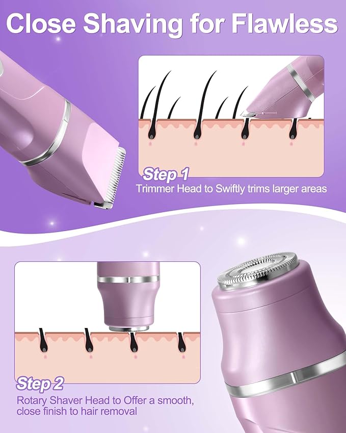 Dermave Bikini Shaver - 2 in 1 Waterproof Bikini Trimmer for Women Cordless Electric Razors for Women, Dry/Wet Use for Bikini, Armpit, Face, Rechargeable Shaver with Detachable Head, Pearl Purple