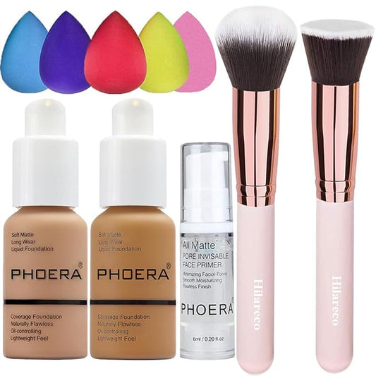 PHOERA Foundation Makeup for Wome Full Coverage Foundation Set,Face Primer Foundation Brush Powder Brush,5 Makeup Sponge,30ml PHOERA 24HR Matte Oil Control Concealer (105 Sand+111 Chestnut)