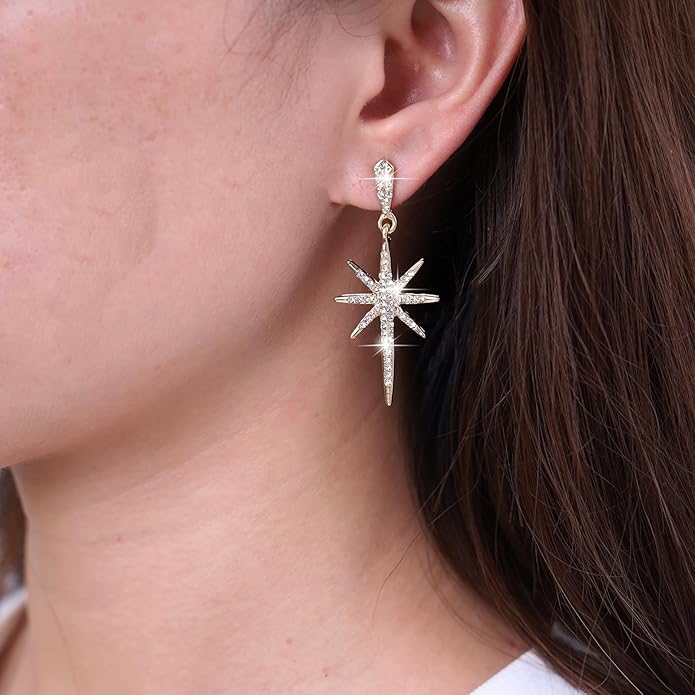 Vintage Crystal Northstar Dangle Earrings Rhinestone Northstar Studs Earrings Gold Cz Star Drop Earrings Sparkly Cz Starburst Earrings Jewelry for Women