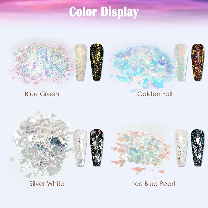 Laza Ice Blue Pearl Chameleon Flakes Nail Glitter Irregular Opal Nail Foil Flakes Chunky Confetti Color-Shift Sequins Iridescent Fairy Dust for Mermaid Nails Design, Nail Decorations for Nail Art