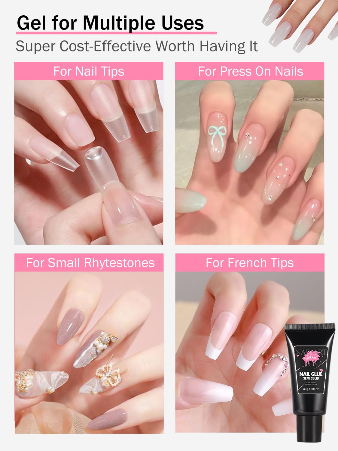 30ML Strong Nail Glue for Press On Nail Tips, Glue Gel for False Nails Fake Acrylic Nail, Upgraded Quick Drying, No Lamp Needed, Long Lasting