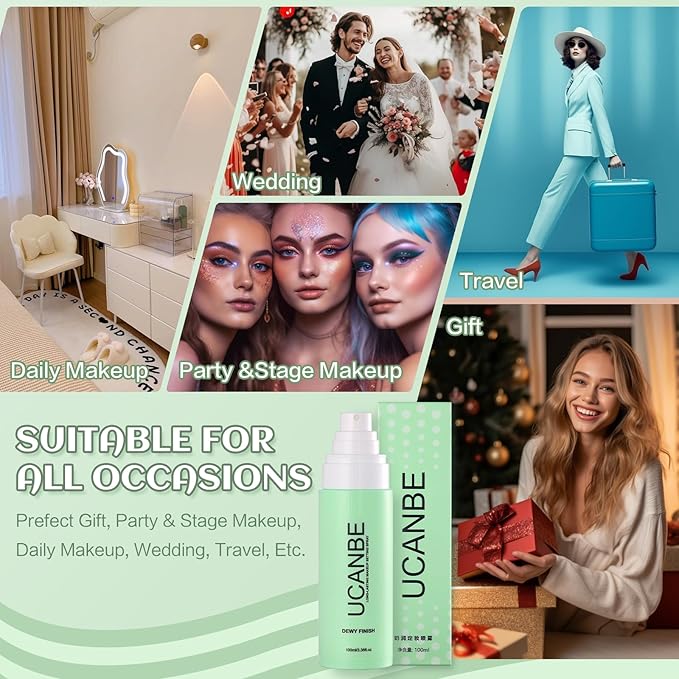 Dewy Makeup Setting Spray Kit-3.38 Fl oz Hydrating Illuminating Finishing Spray Lightweight Face Mist All Day Long Make up Fixer +2PCS Sponge Puff, Hydrate Skin for a Bright Look