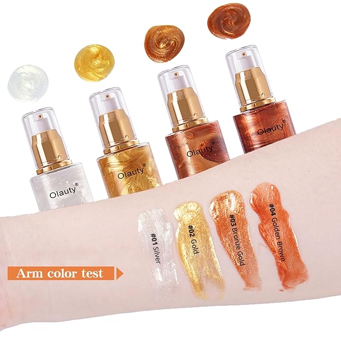 Shimmer Body Oil, Highlighter Makeup Smooth Glitter Glow Liquid Foundation for Face & Body,Liquid Illuminator Body Shimmer Lotion for Women (2# Rose Gold)