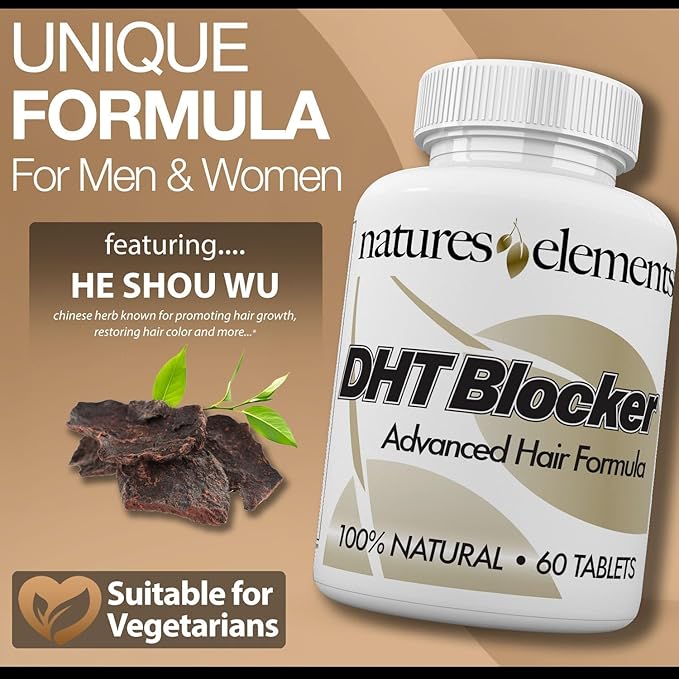 Natures Elements DHT Blocker – Herbal Formula with Saw Palmetto, Fo-Ti & Beta-Sitosterol – Supports Hair Regrowth & Gray Hair Reversal – Non-GMO, Vegetarian - 60 Tablets - Pack of 3